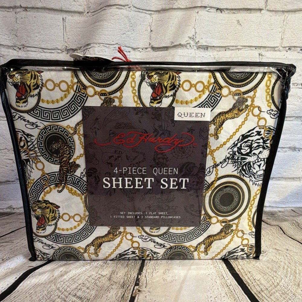 Ed Hardy Queen 4pc Sheet Set Love Kills Slowly Chains Flowers Multicolored NWT